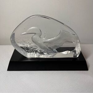 Vintage Large Signed Mats Jonasson Etched Duck Bird Lead Crystal Sweden. Signed